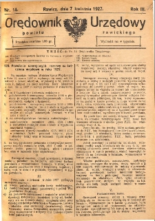 Orędownik Urzędowy Powiatu Rawickiego 1927.04.07 R.3 Nr 14