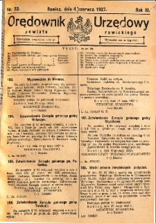 Orędownik Urzędowy Powiatu Rawickiego 1927.06.04 R.3 Nr 22