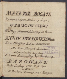 Materye Bogate W jednymże kolorze, Modzie, y kroyu w Drugiey Częsci W. w Bogu Nayprzelewiebnieyszey Imci Pannie Annie Wołłowiczownie [&hellip;] Darowane [Cz. 2]