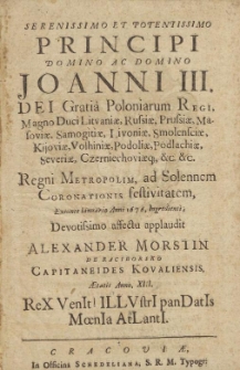 Serenissimo et potentissimo principi domino ac domino Joanni III, Dei gratia Poloniarum Regi [&hellip;]