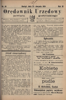 Orędownik Urzędowy Powiatu Gostyńskiego 1924.08.20 R.6 Nr 66
