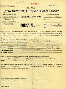 Polisa ubezpieczeniowa szyb wystawowych w budynku Marcina Raszewskiego przy ulicy Mikołaja 1 (narożnik Rynku i ulicy Waleriana Wr&oacute;blewskiego), 1937 r.