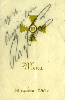 Menu kasyna oficerskiego 17 Pułku Ułan&oacute;w, 1936 r.