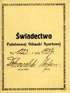 Świadectwo Państwowej Odznaki Sportowej Stefana Dobrowolskiego, 1937 r.