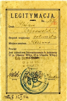 Legitymacja członkowska Koła Ułan&oacute;w Siedemnastak&oacute;w wystawiona na rotmistrza Stefana Dobrowolskiego, 1936 r.