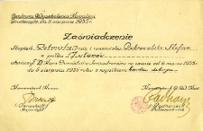 Zaświadczenie ukończenia XV Kursu Dow&oacute;dc&oacute;w Szwadron&oacute;w zorganizowanego w Centrum Wyszkolenia Kawalerii w Grudziądzu przez rotmistrza Stefana Dobrowolskiego, 1935 r.
