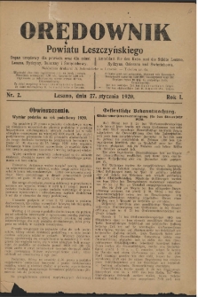 Orędownik Powiatu Leszczyńskiego 1920.01.27 R.1 Nr 2