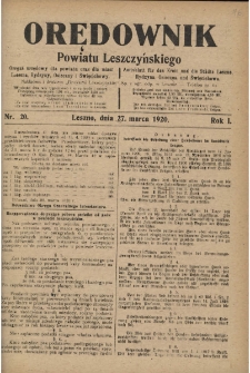 Orędownik Powiatu Leszczyńskiego 1920.03.27 R.1 Nr 20