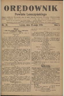 Orędownik Powiatu Leszczyńskiego 1920.05.29 R.1 Nr 38
